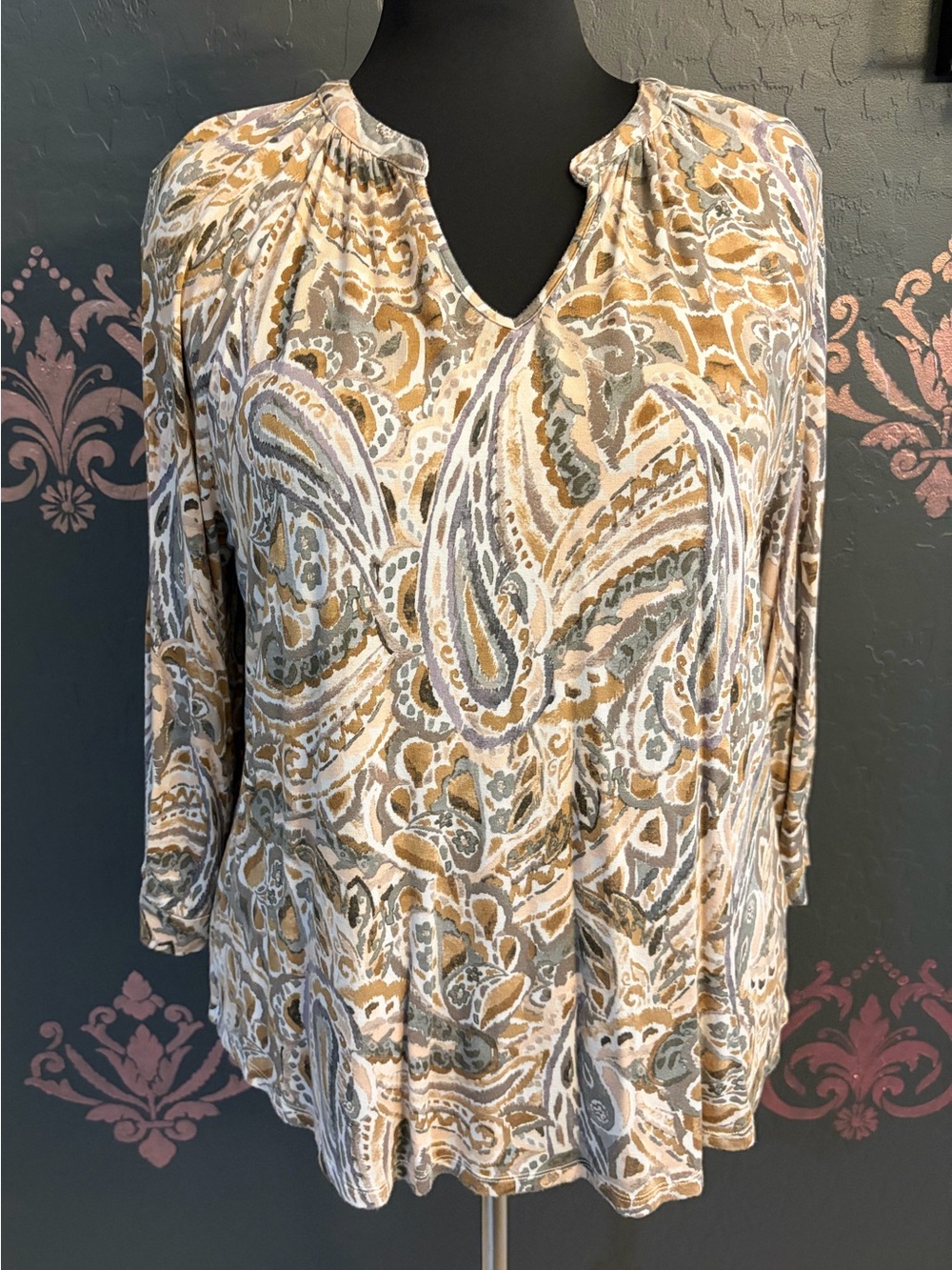 Paisley Split-Neck Blouse in Beige and Gray